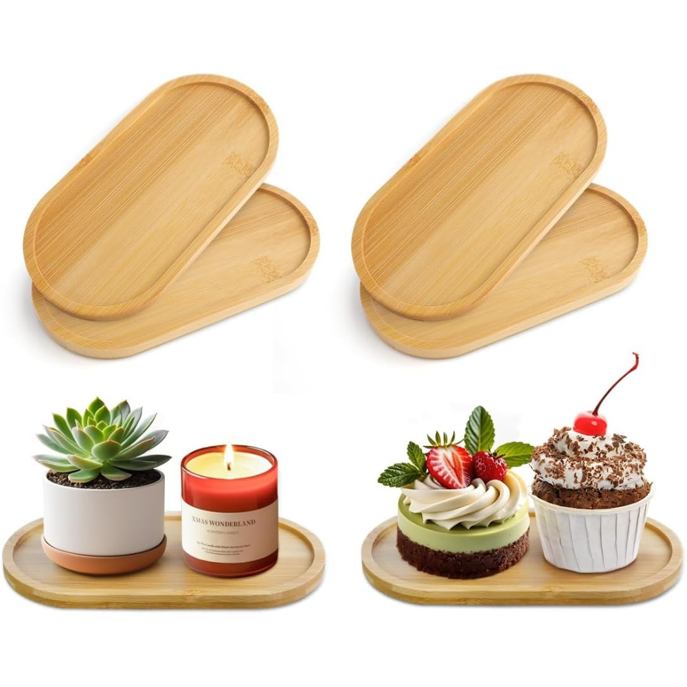 Drip Tray Saucer - 4pcs Bamboo Plant Saucer Oval Drainage